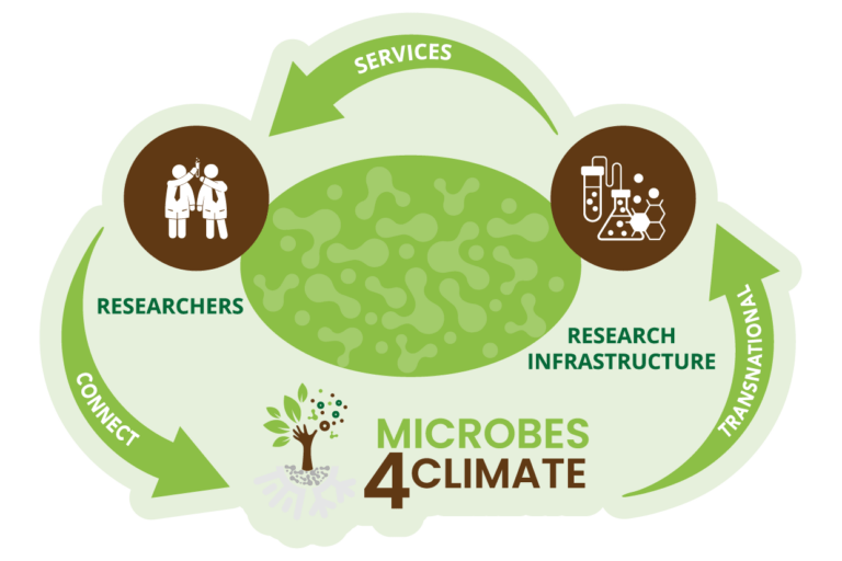 Interconnected framework of the MICROBES-4-CLIMATE project illustrating the dynamic relationships between researchers, research infrastructure, and services.